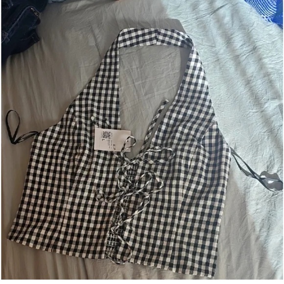 Gingham Tie-Front Halter Crop Top - Picture 1 of 3